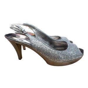 Nine West Karoo Silver Shimmery Peep-Toe Slingback Heels - Size 8